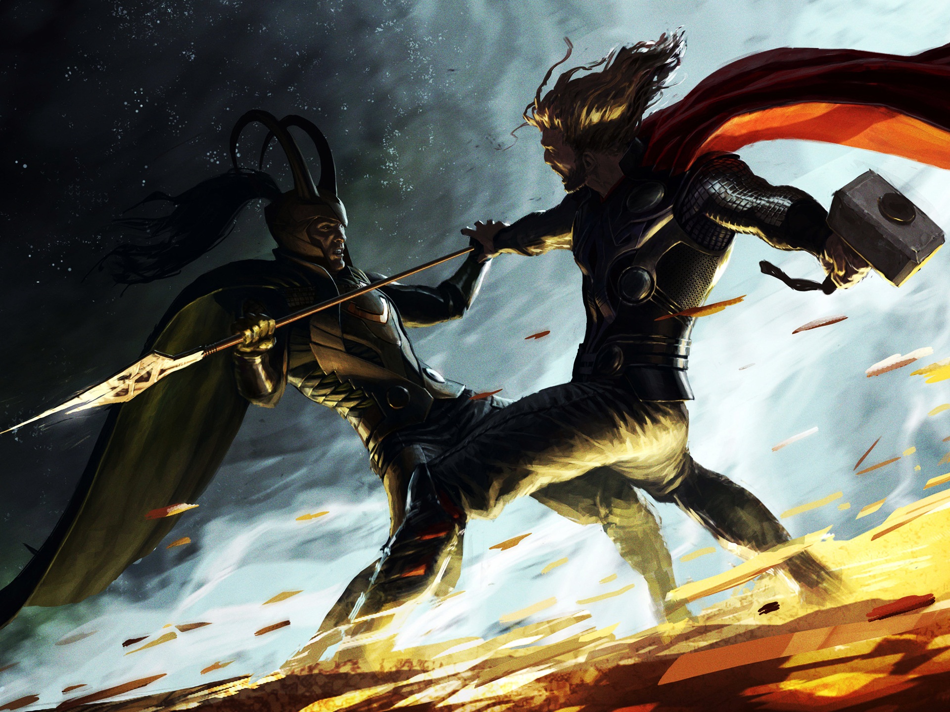 A couple of people fighting with swords - Loki, Thor