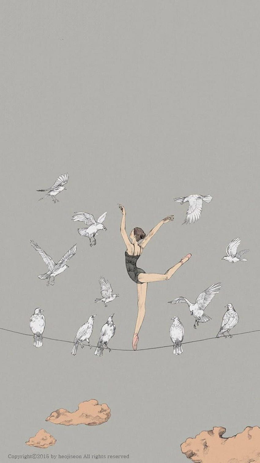 A woman is balancing on the wire while birds fly around her - Ballet, illustration