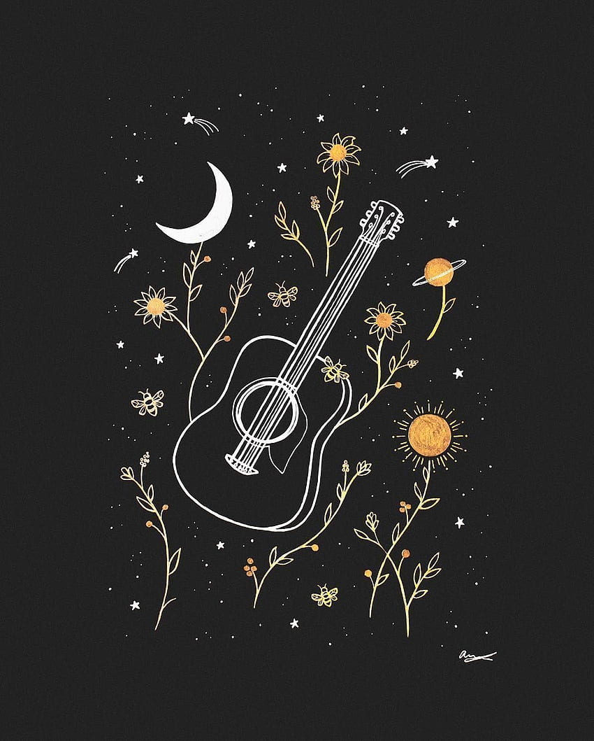 A guitar with flowers and stars in the background - Guitar