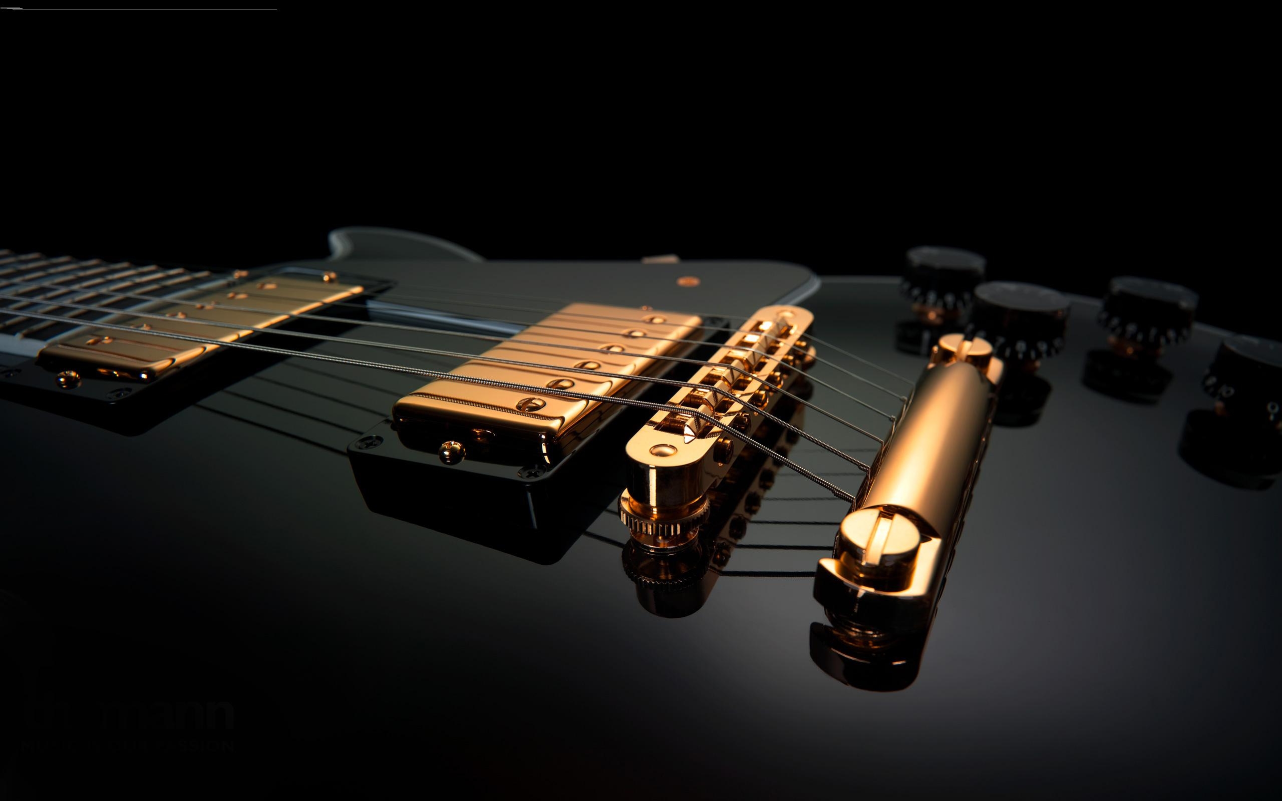 A guitar with gold strings and pickups - Guitar