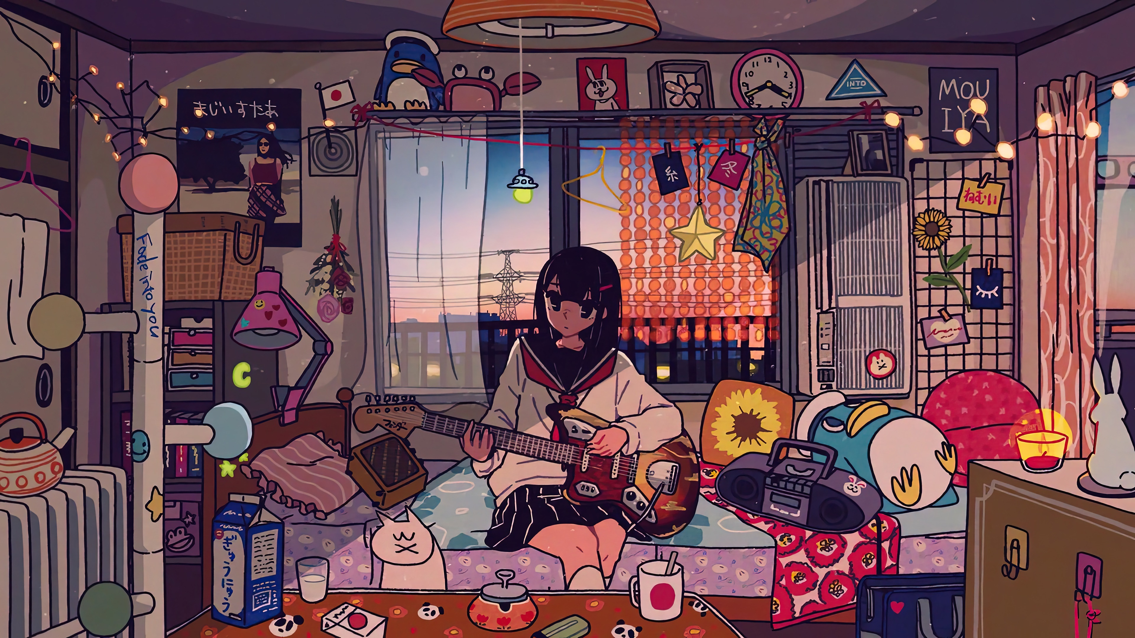 anime, girl, playing, guitar, student, room, 4k Gallery HD Wallpaper