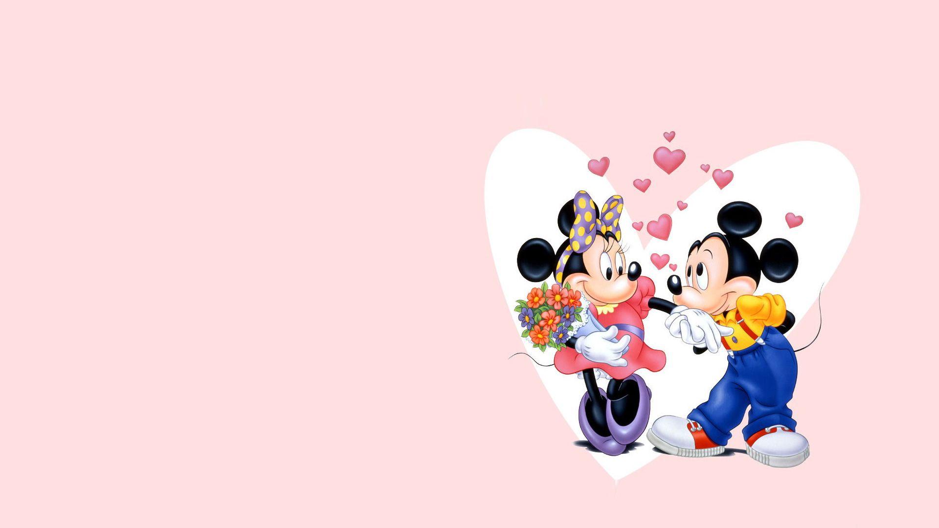Mickey Mouse and Minnie Mouse in love on a pink background - Minnie Mouse