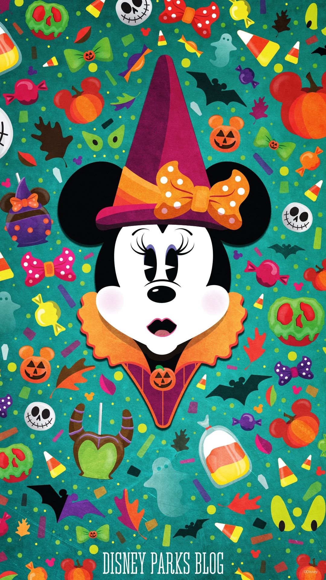 Halloween wallpaper featuring Minnie Mouse in a witch's hat - Minnie Mouse