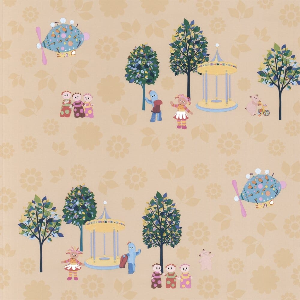A beige wallpaper with a pattern of trees, flowers, and characters from In the Night Garden. - Garden