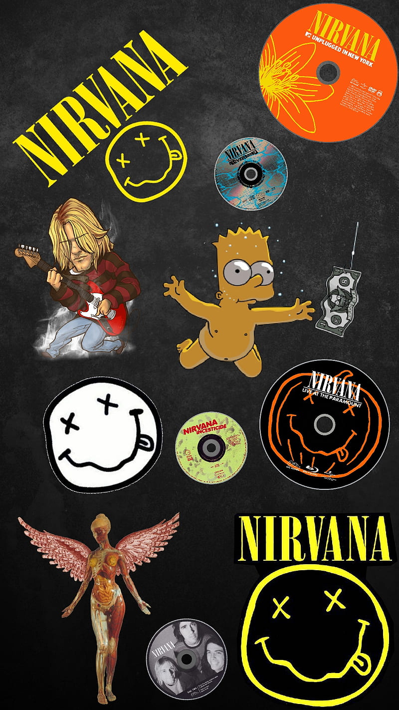 A poster with various nirvana stickers on it - Nirvana