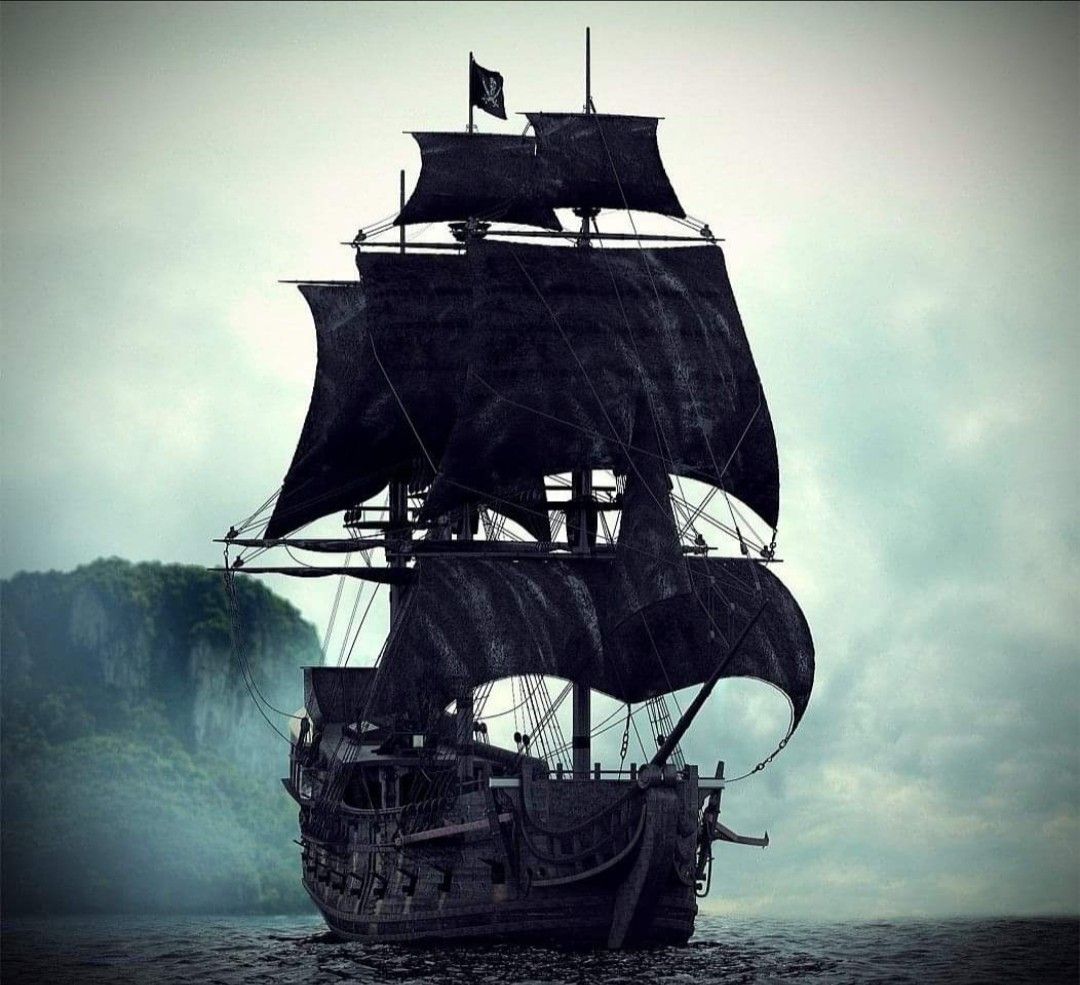 A pirate ship with black sails on the open ocean - Pirate