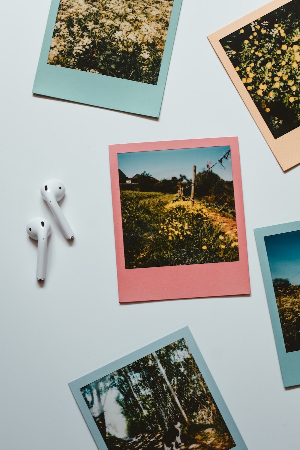 Polaroid pictures of flowers and a field with AirPods on a white surface - Polaroid