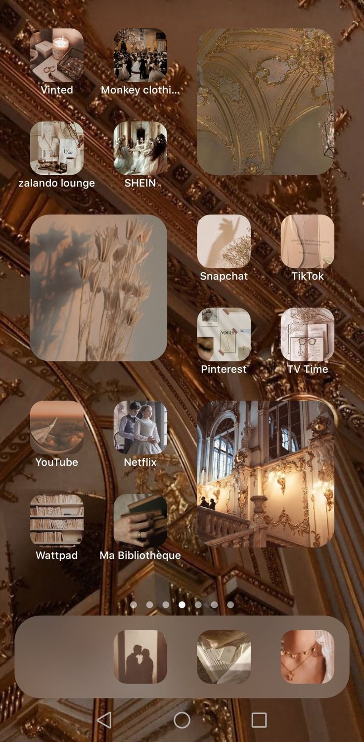 Screenshot of an iPhone home screen with an aesthetic brown and white theme - Royalcore