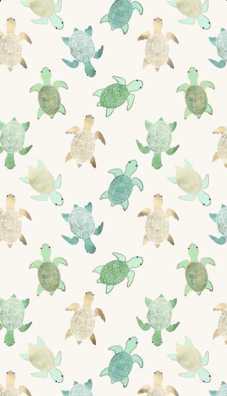 Pattern of sea turtles in green and gold on a white background - Turtle