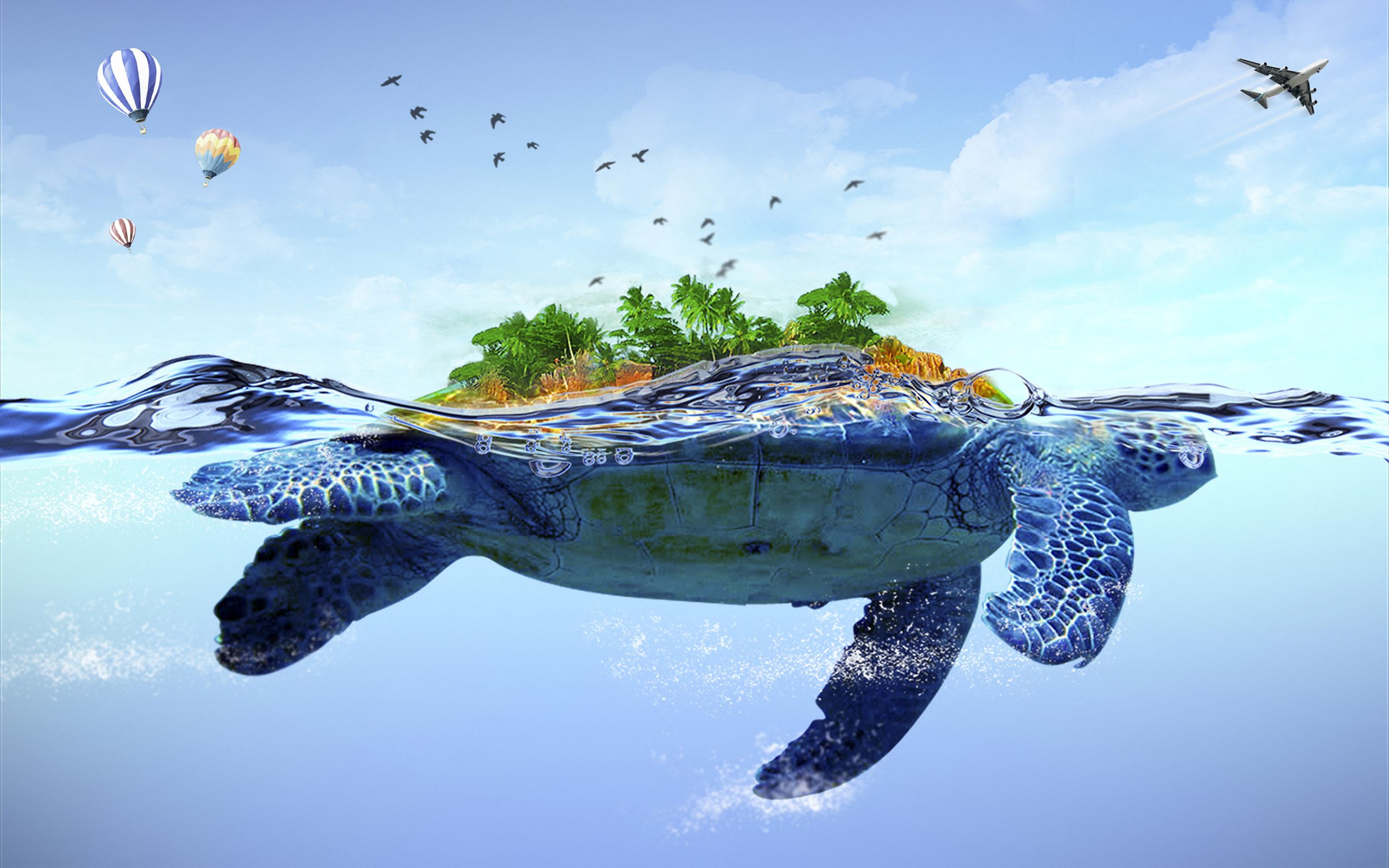 A turtle swims in the ocean with an island on its back. - Turtle