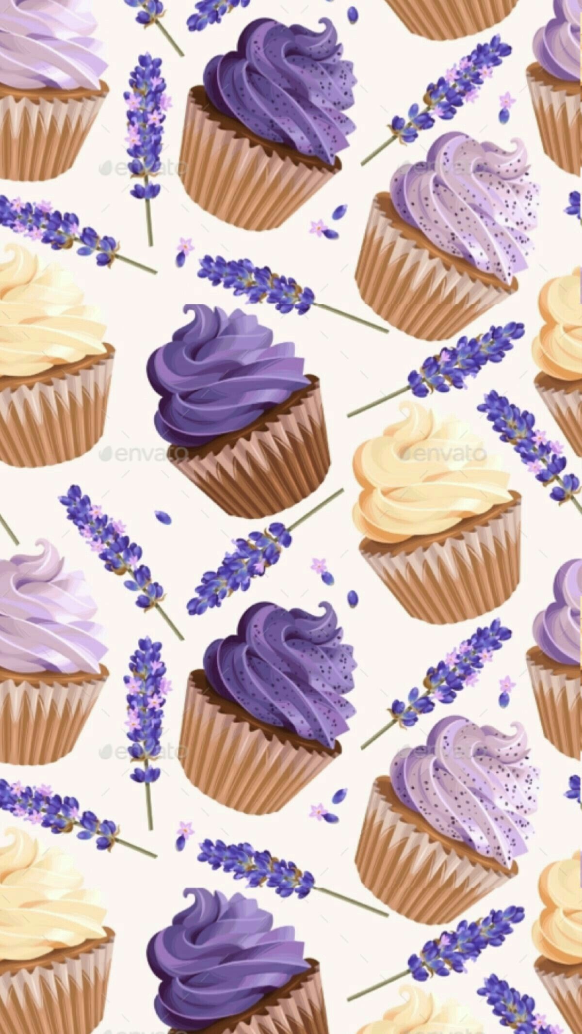 A pattern of cupcakes and lavender flowers - Bakery, cupcakes