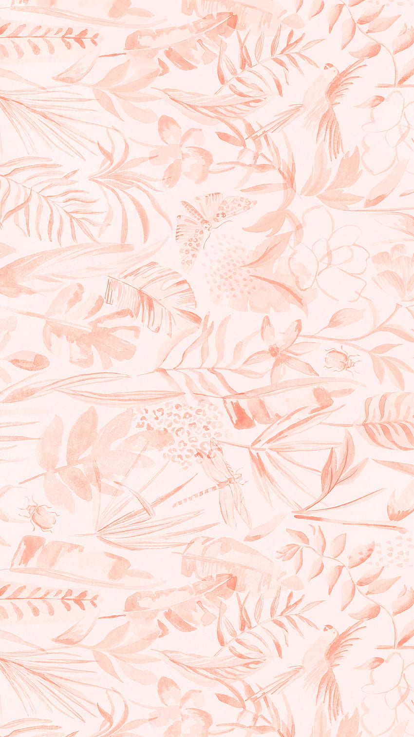 Peachy pink iPhone wallpaper with hand drawn jungle animals and plants - Blush