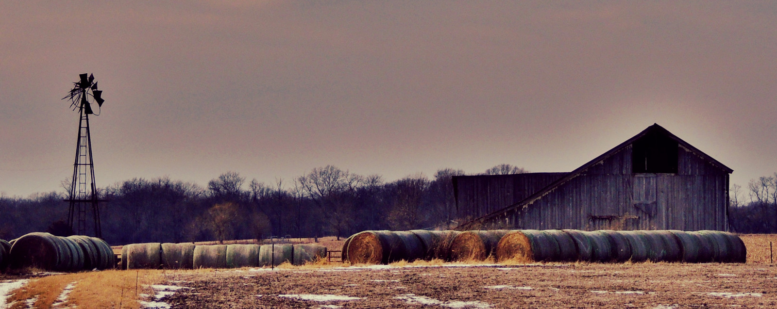 A row of hay bales sit in front of a wooden barn. - Farm