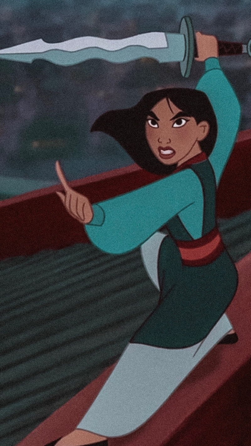 A scene from the animated movie Mulan where Mulan is running with a sword in her hand. - Mulan