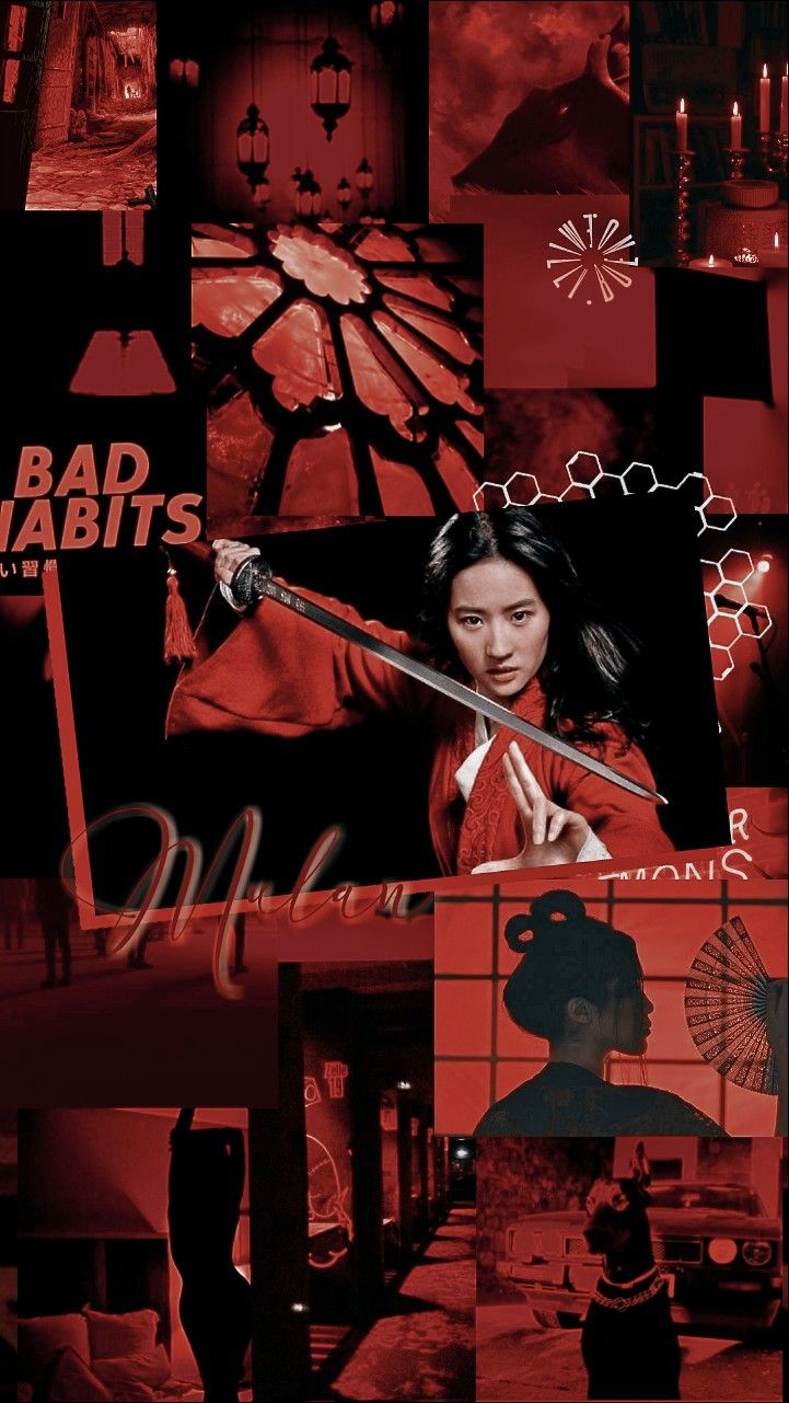 A collage of pictures with red and black - Mulan