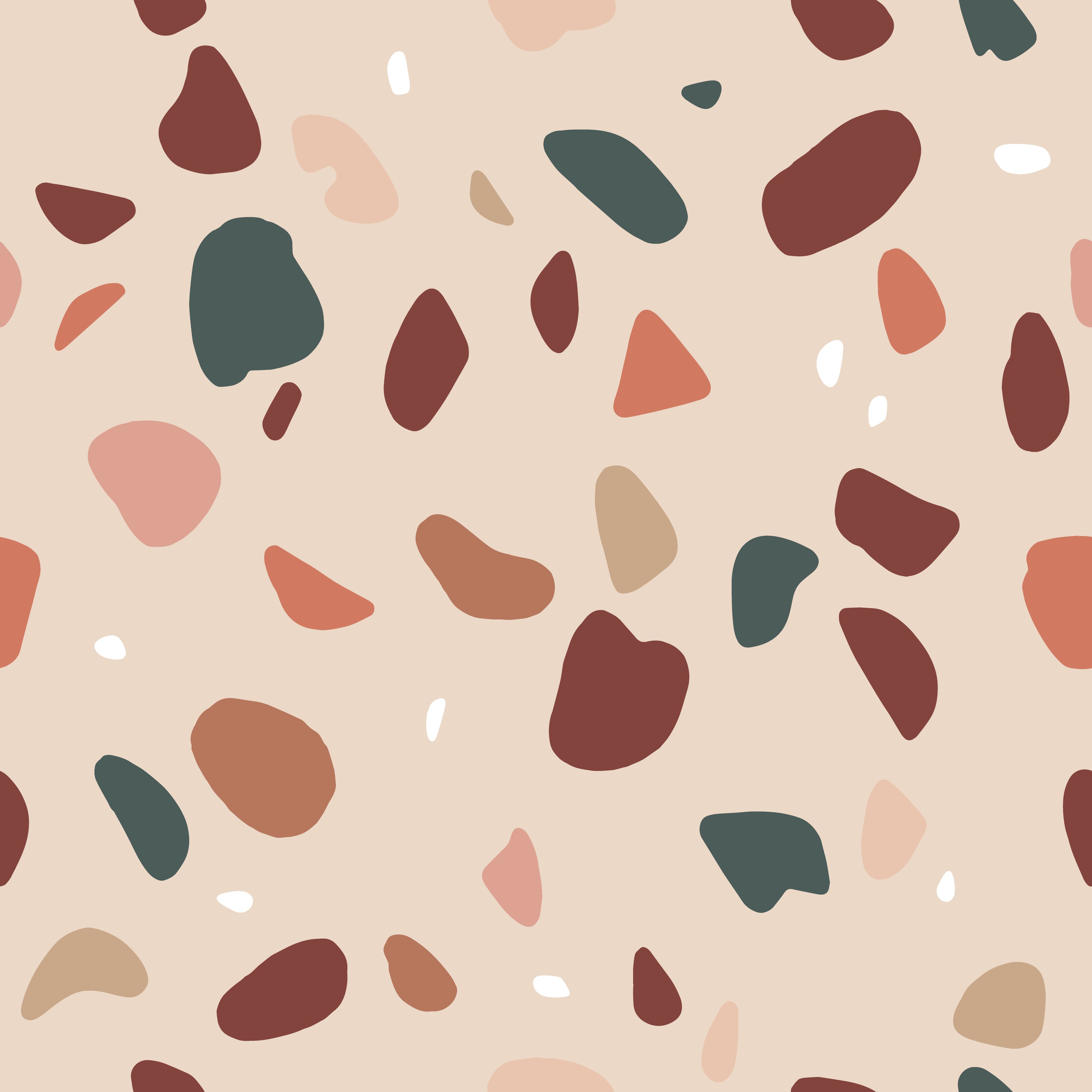 A watercolor pattern of brown, pink, and green shapes on a pink background - Terracotta, terrazzo
