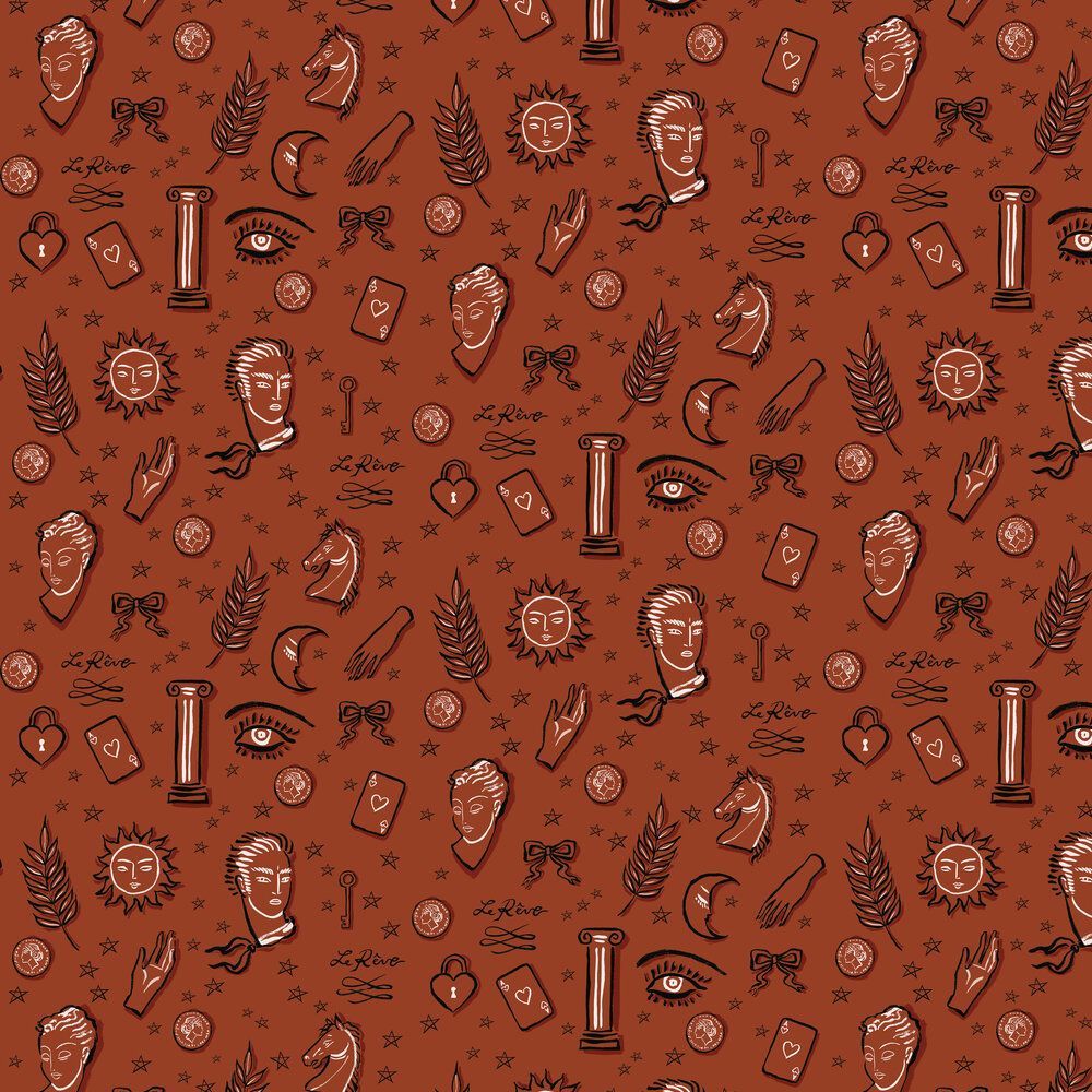 A brown pattern featuring headresses, sunglasses, and palm leaves - Terracotta