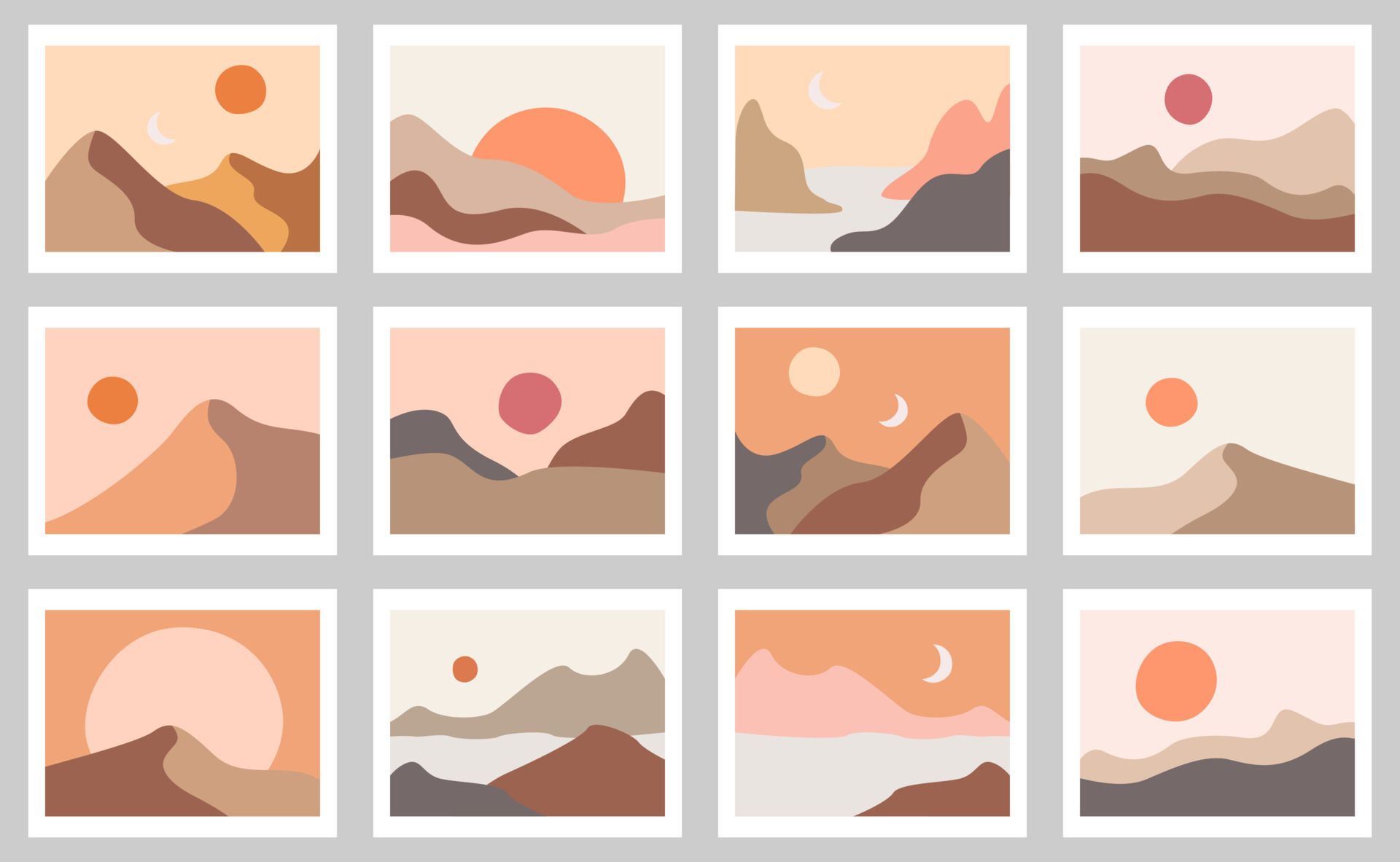 Abstract contemporary aesthetic background with landscape, desert, sand dunes and sun. Terracotta colors. Boho wall decor