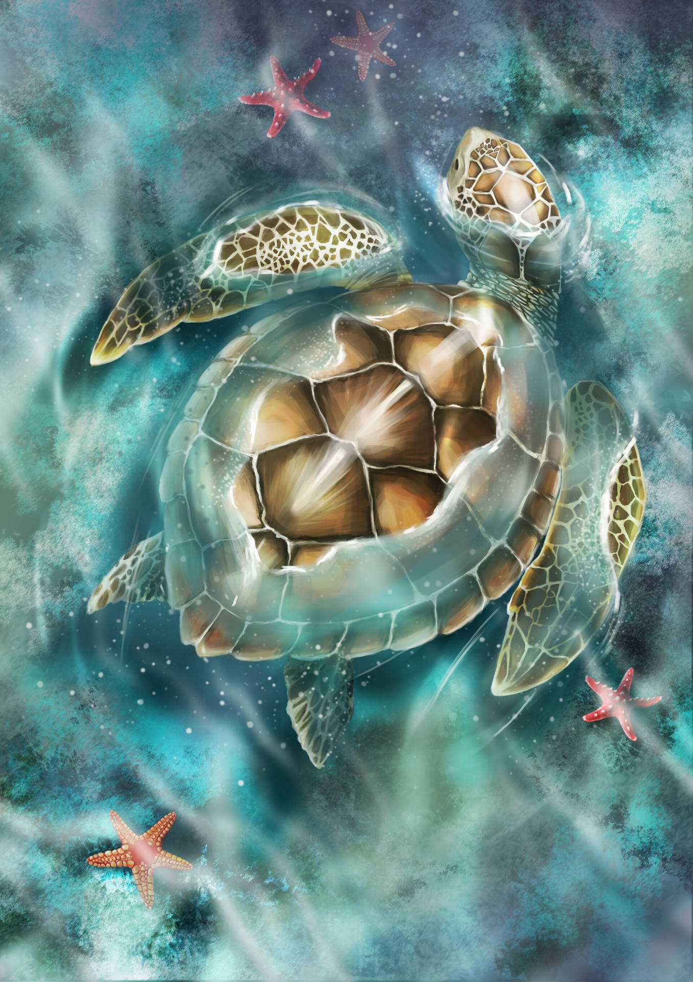A painting of an ocean turtle swimming in the water - Turtle