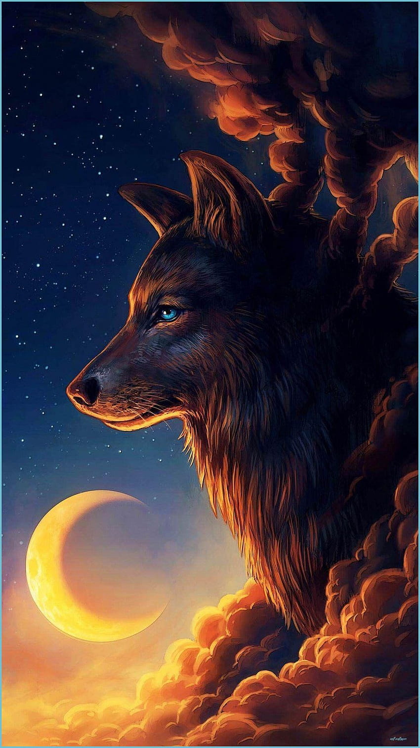 A wolf looking up at the moon in clouds - Wolf