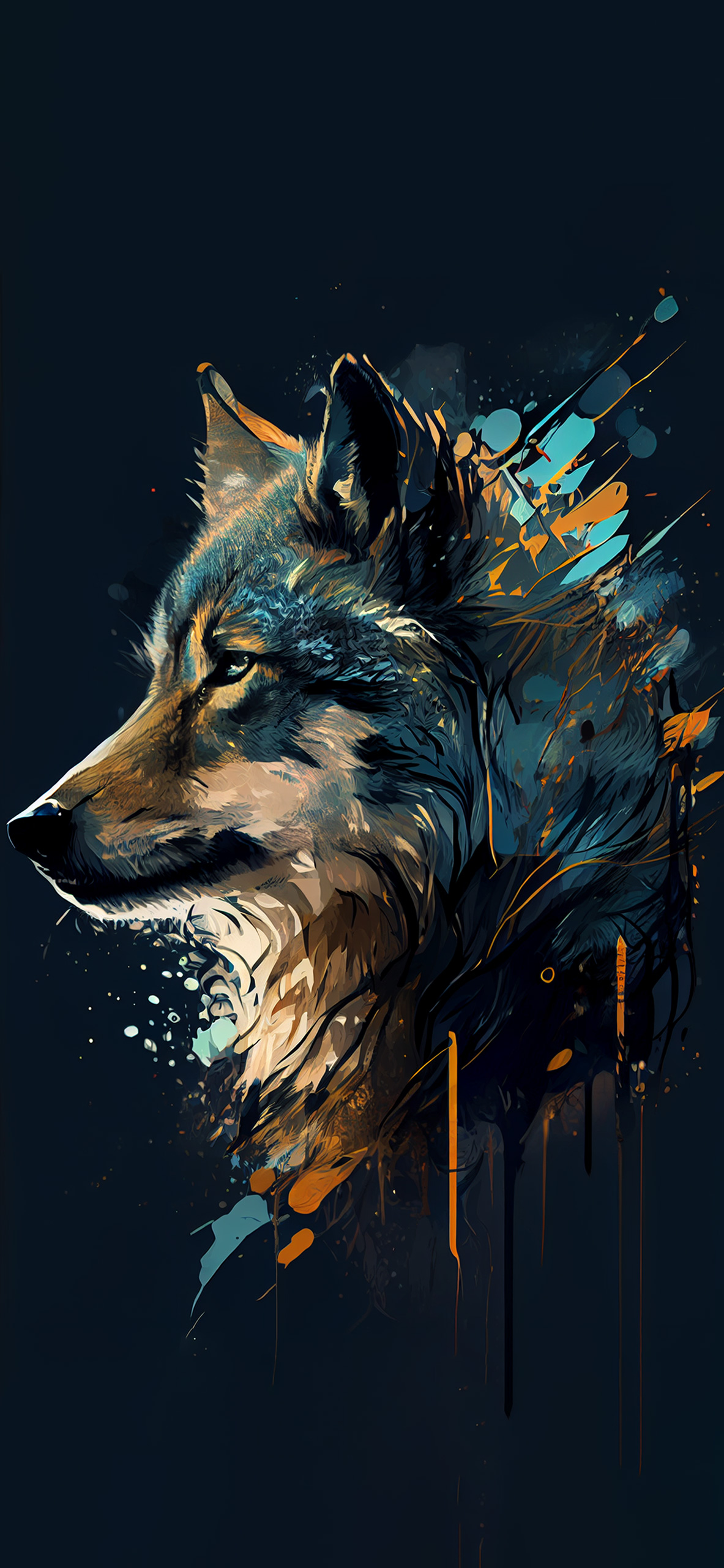 A wolf with blue and orange paint splattered on it - Wolf