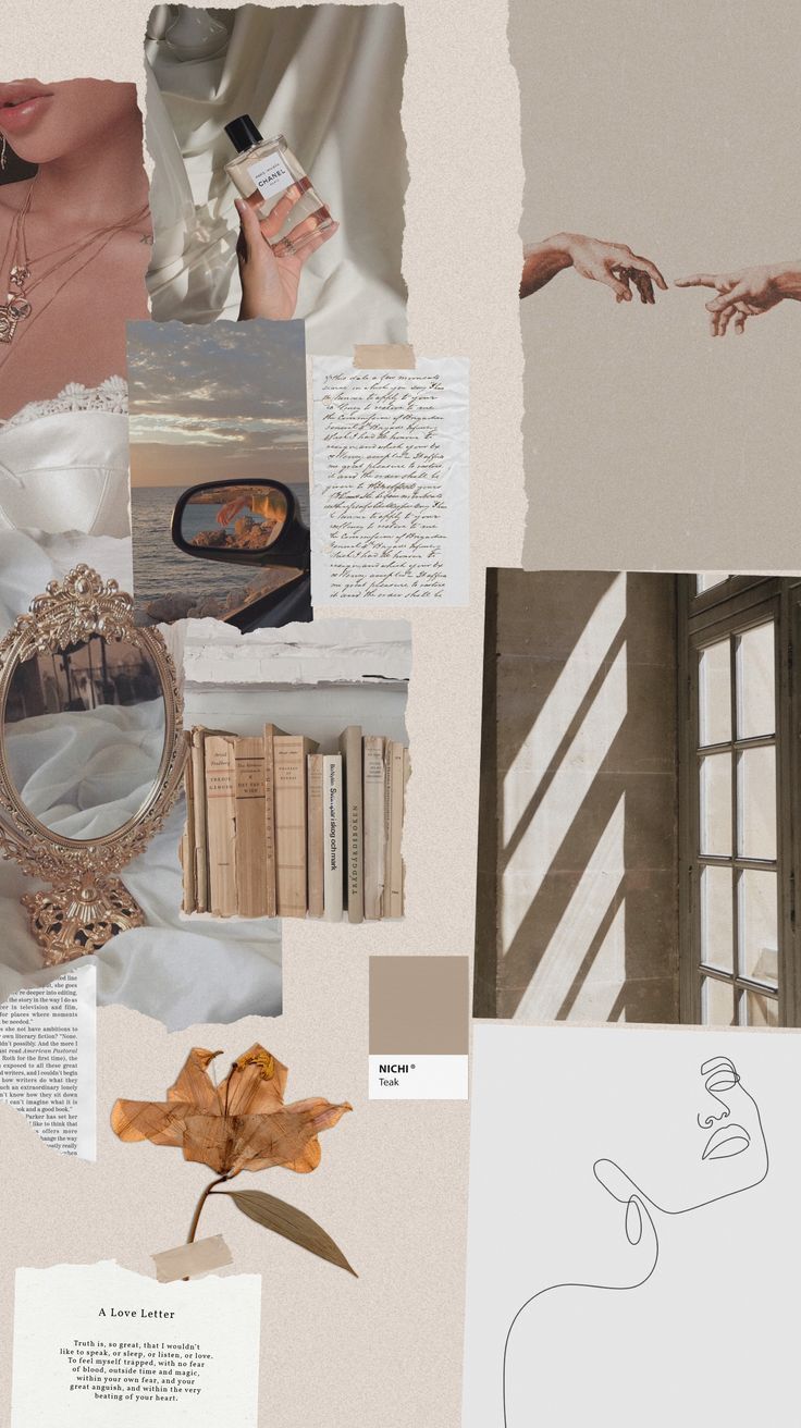 A collage of beige and brown aesthetic images including books, a hand, a car, and a mirror. - Nurse, paper