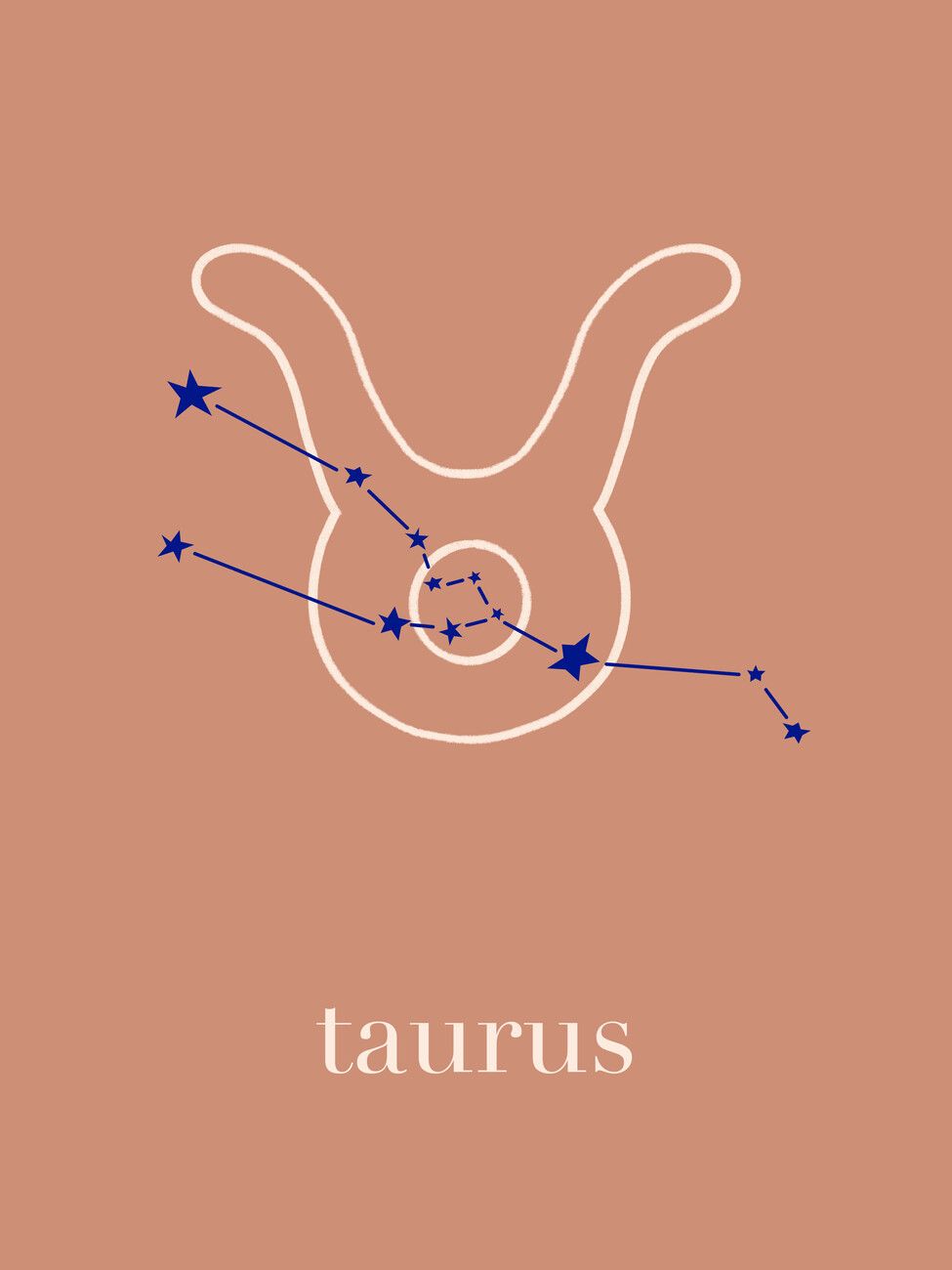 A brown image with a white line drawing of the Taurus zodiac sign. - Terracotta, Taurus