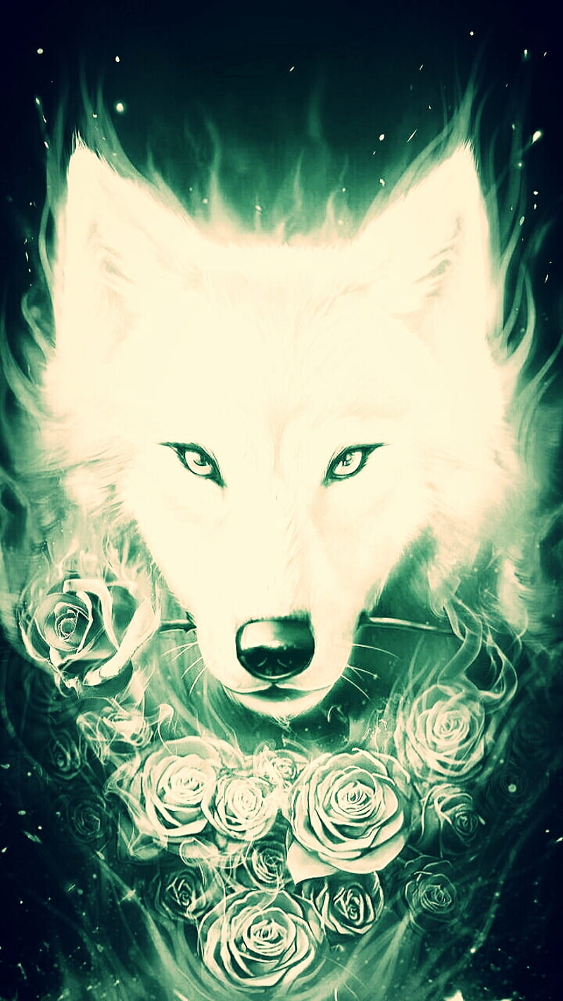 A white wolf with green fire and roses around it - Wolf