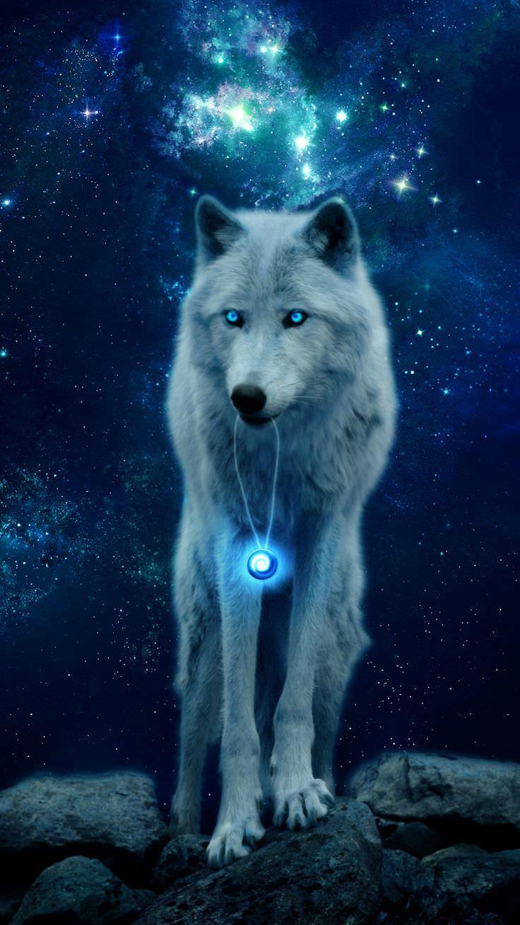 A white wolf with blue eyes and a blue light in its chest standing on rocks with a starry sky in the background - Wolf