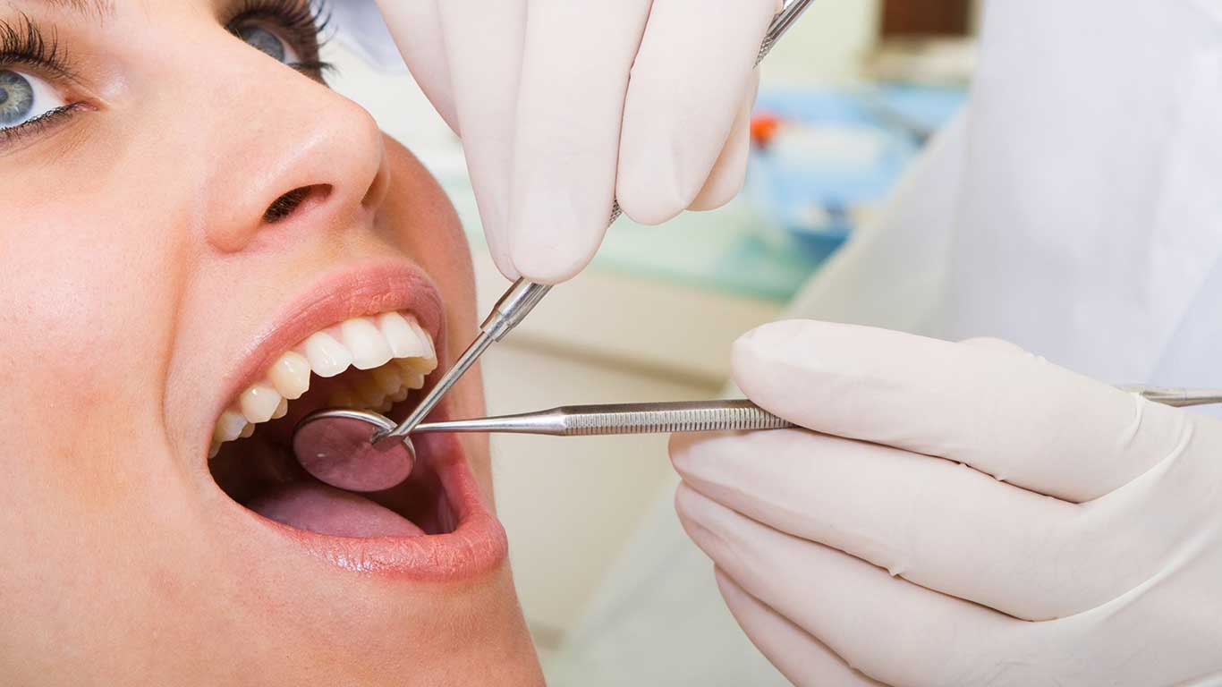A woman having her teeth checked by a dentist - Dentist