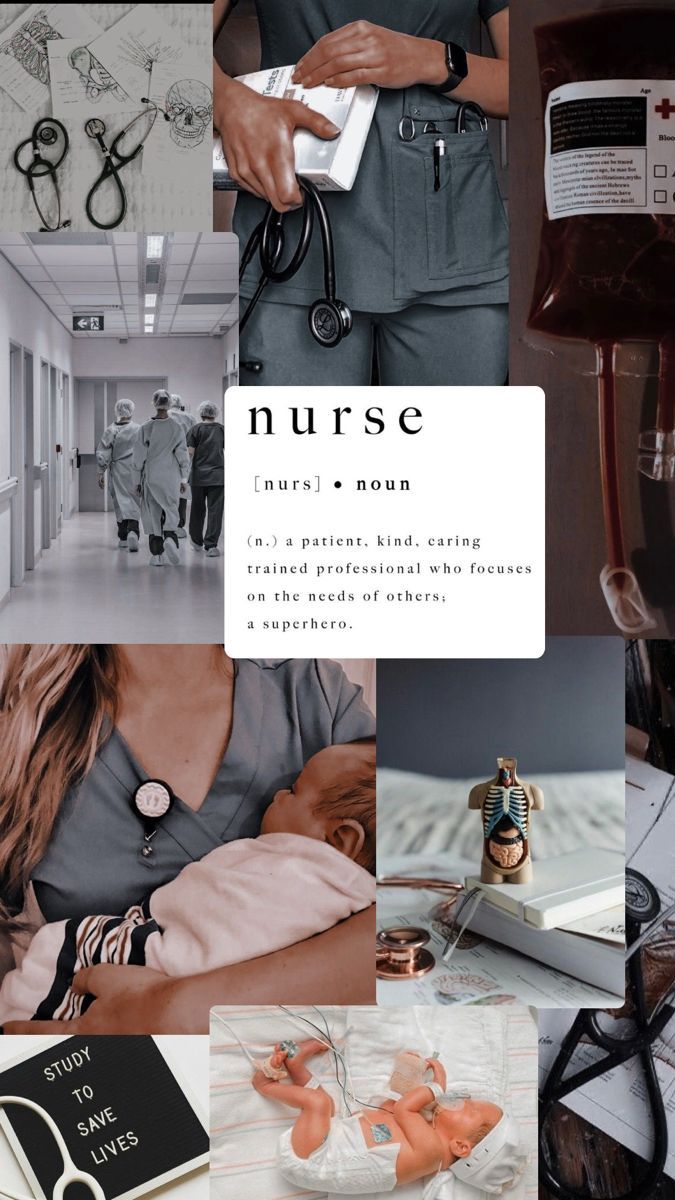 Collage of images related to nursing, including a definition of the word nurse. - Nurse