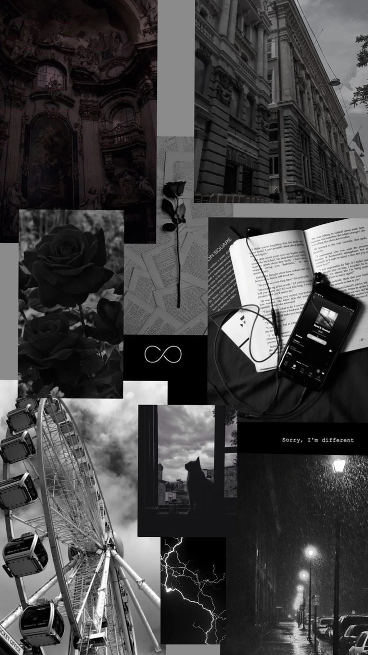 Aesthetic background of black and white photos of books, buildings, roses, and lightning. - Dentist
