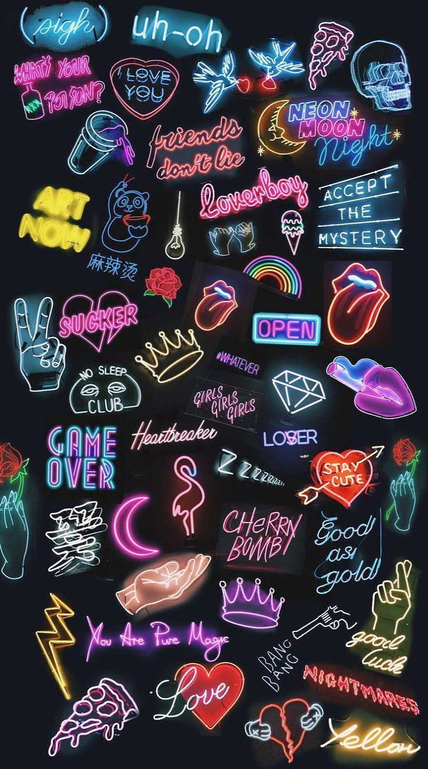 A collection of neon signs with different words - Graffiti