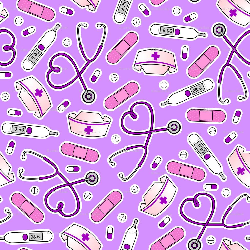 Seamless pattern with medical items on a purple background - Nurse