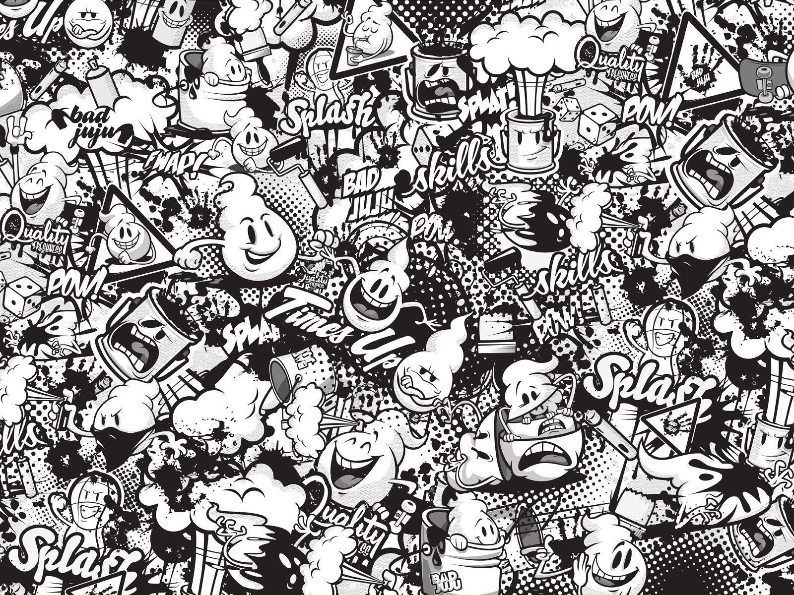 A black and white cartoon drawing of various characters - Graffiti