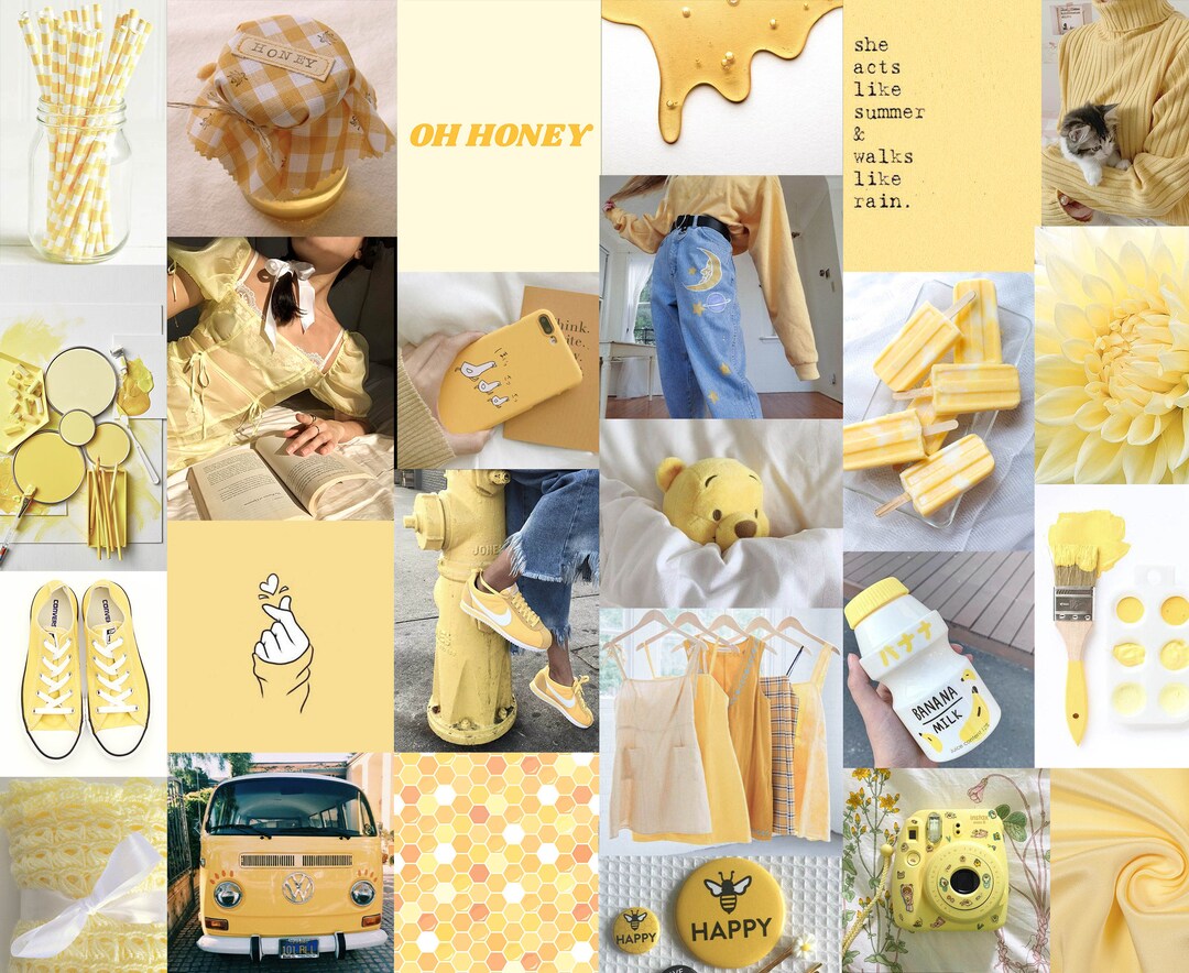 A collage of pictures with yellow backgrounds - Honey