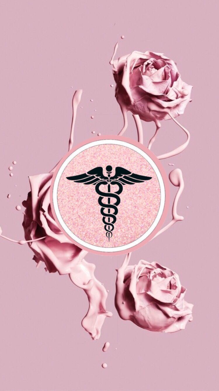 Aesthetic wallpaper of a caduceus medical symbol surrounded by pink roses on a pink background. - Nurse