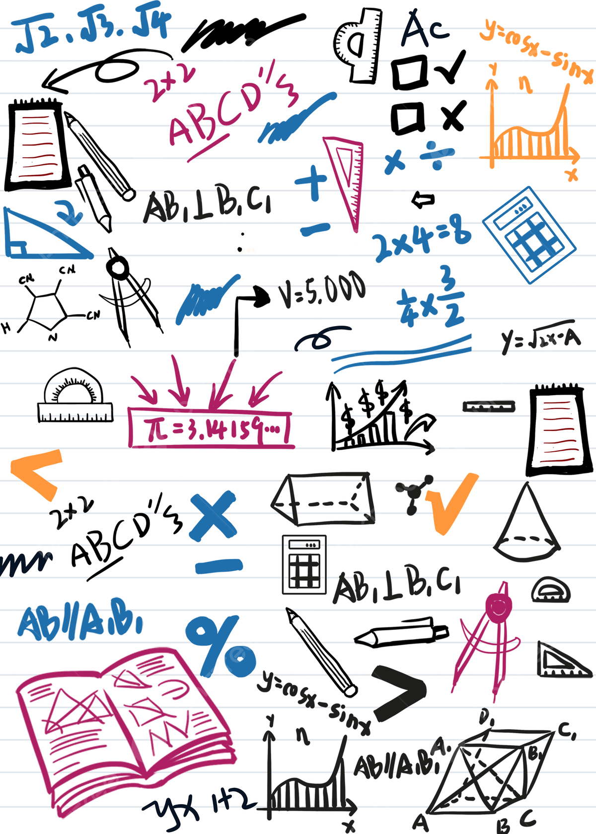 Math symbols and graphs are drawn on a lined notebook - Math