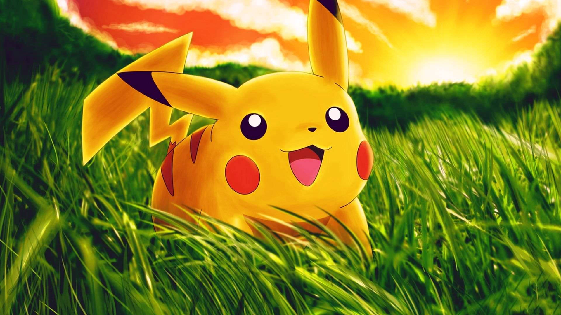 A pikachu in the grass with sun shining behind it - Pikachu