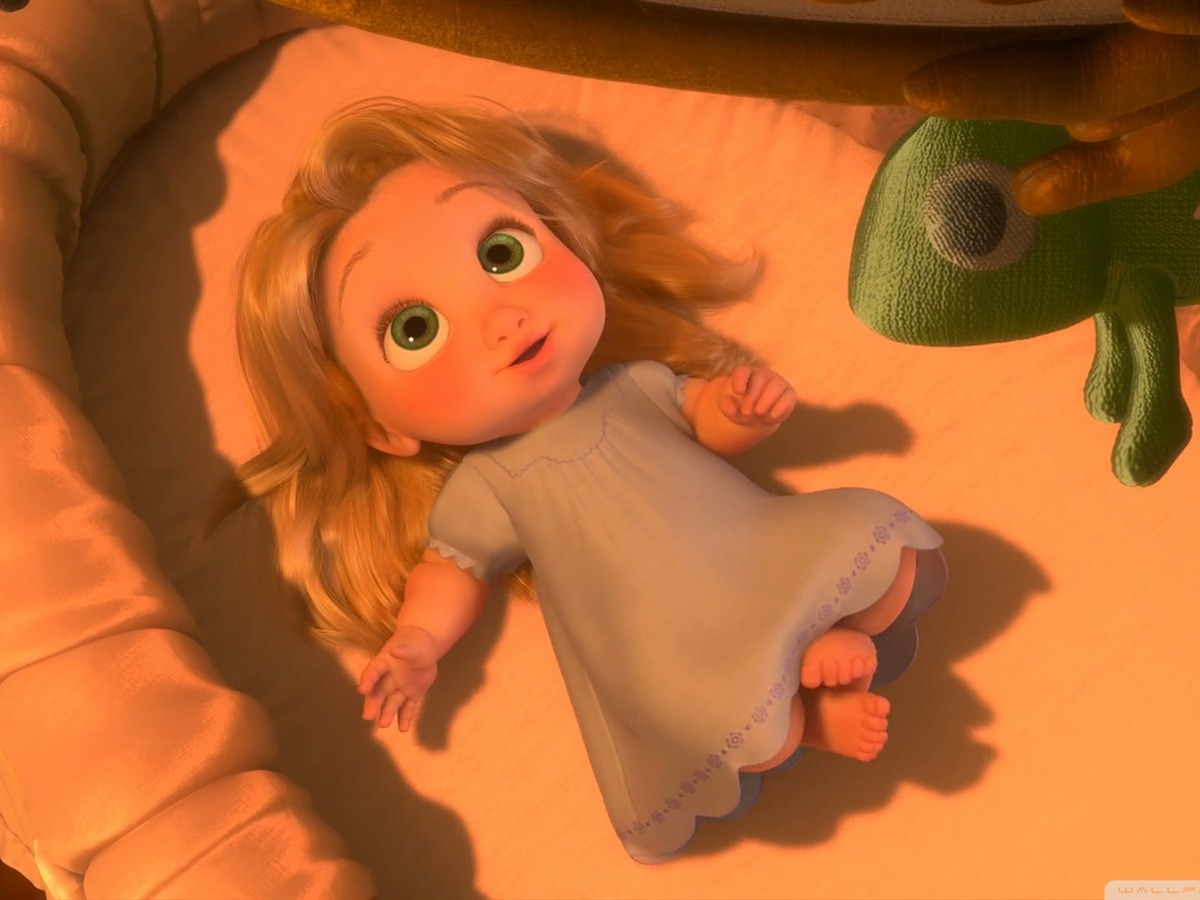 A baby girl with blonde hair laying in a crib. - Rapunzel