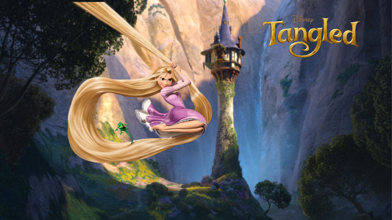 Rapunzel, from the movie Tangled, with her long blonde hair flowing in the wind. - Rapunzel