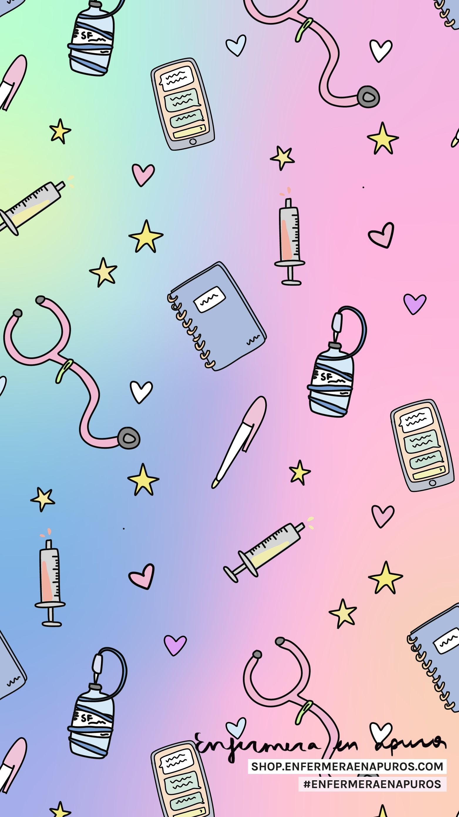 A pattern of various medical items on rainbow background - Nurse