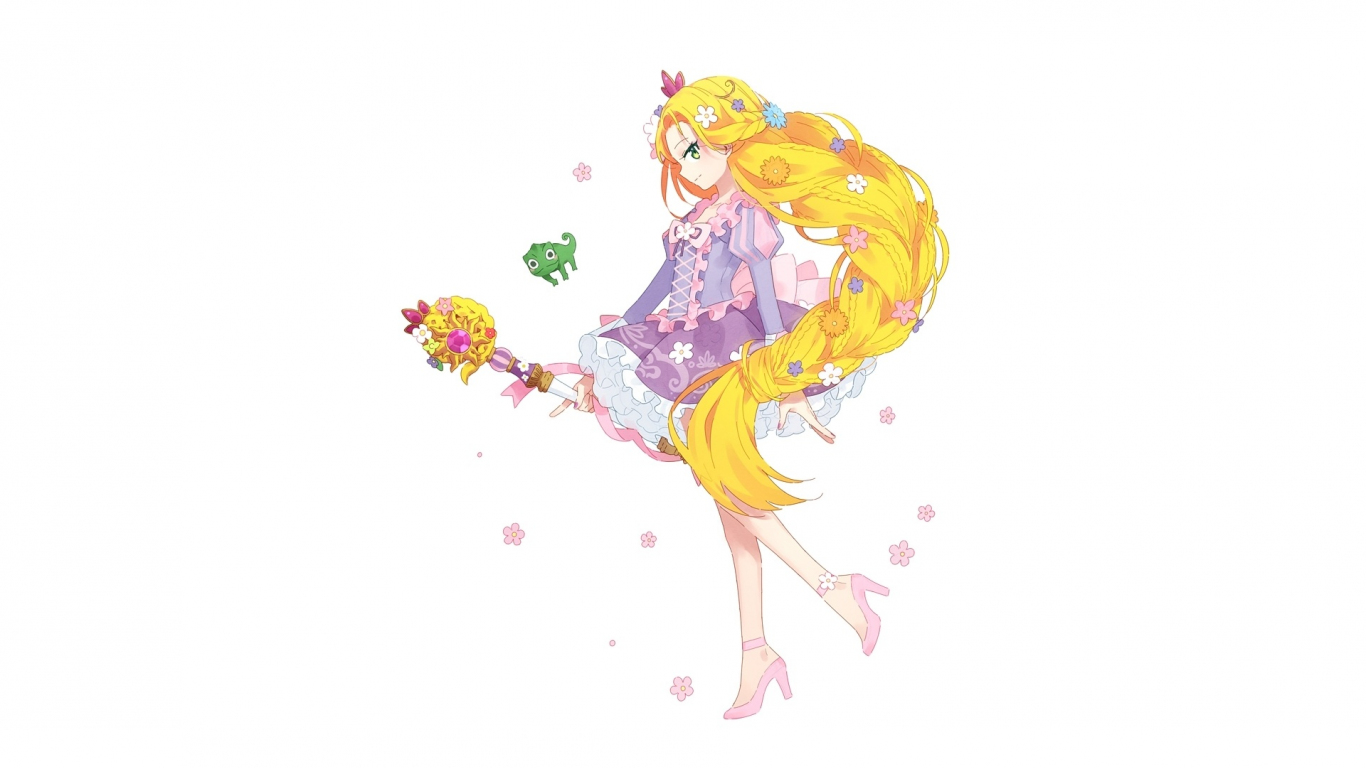 A cartoon character with long hair and flowers - Rapunzel