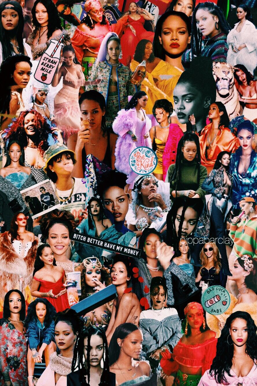 A collage of photos of Rihanna, with her in various outfits and poses. - Rihanna