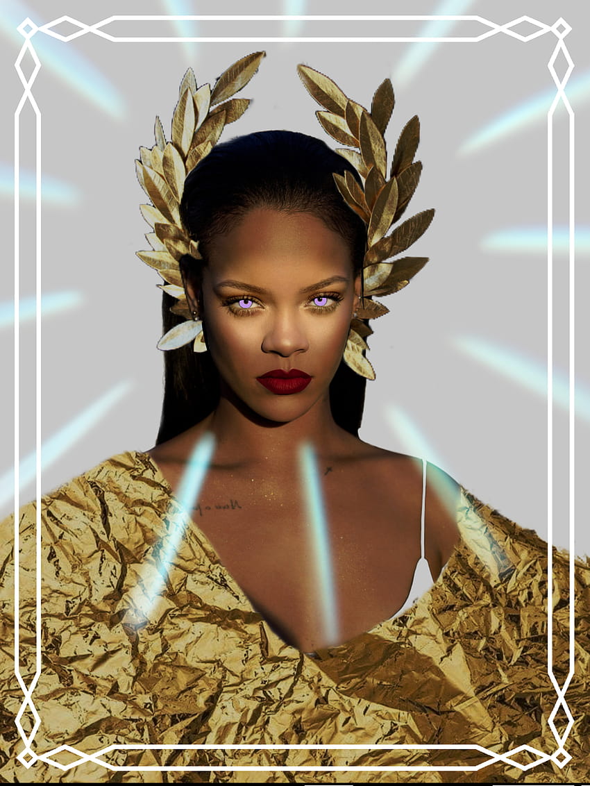 A woman in gold with leaves on her head - Rihanna