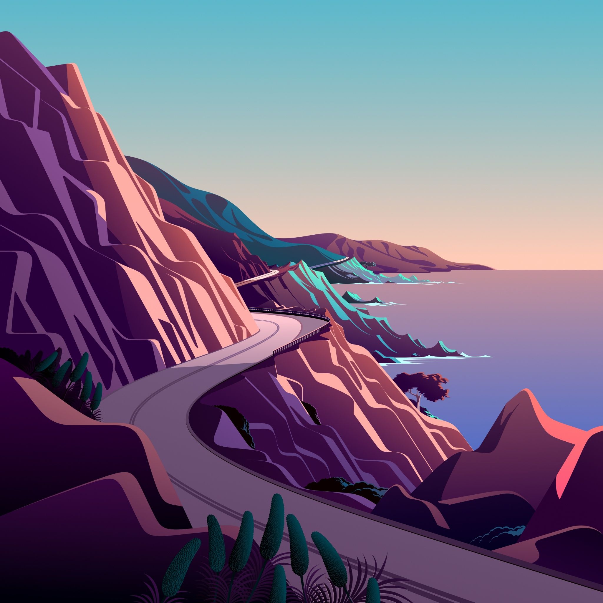 Illustration of a winding road along the coast - Coast, road, scenery, vector