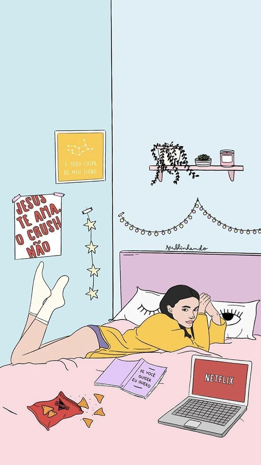 Illustration of a woman lying on a bed with a laptop and netflix - Doritos, Netflix, illustration