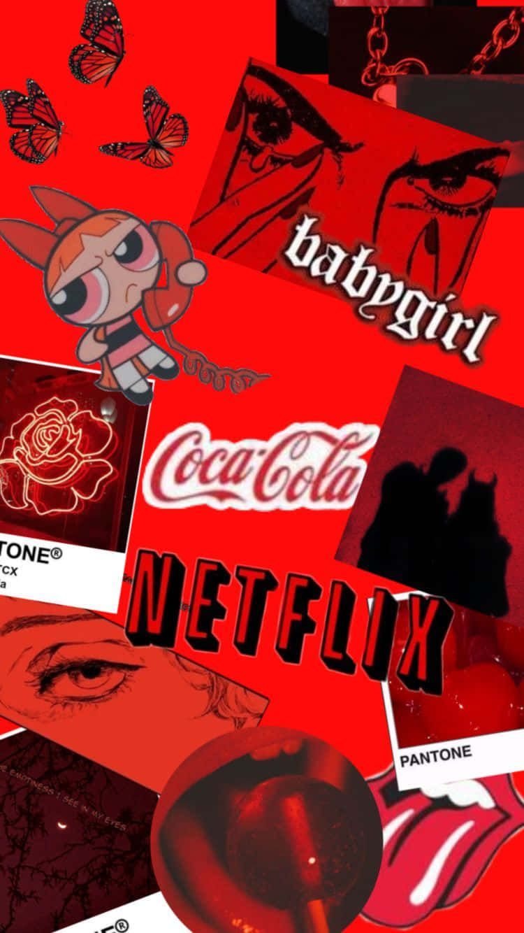 The red background with various images of coca cola and netflix - Red, Netflix, collage