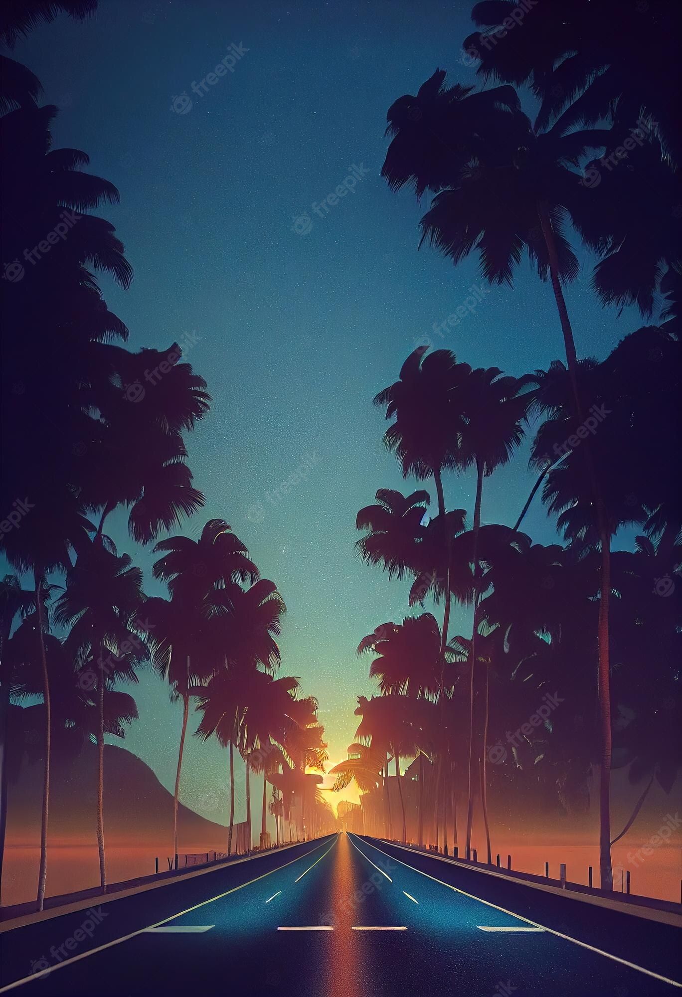 A digital painting of a highway road with palm trees on both sides - Road