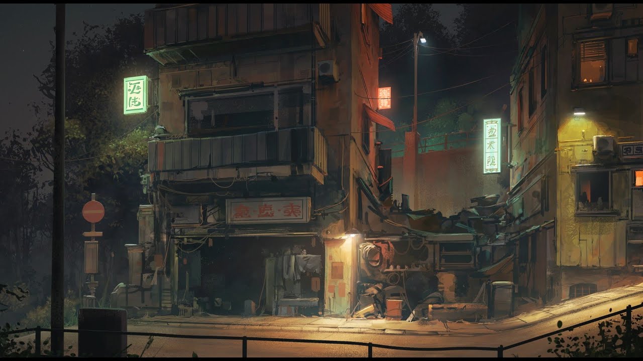 A cyberpunk street at night with neon signs and an old man sitting on a step - Lo fi